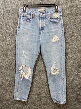 Levis Wedgie Jeans Womens 26 Blue Distressed Button Fly Ankle Light Wash Denim